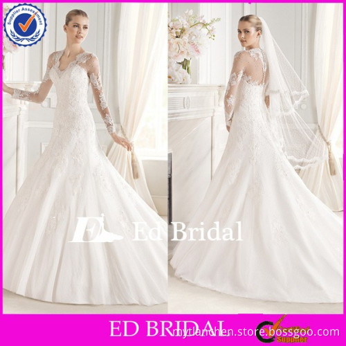 MG249 Fashionable Muslim White V Neck Appliqued Beaded Covered Back Floor Length Long Sleeve Corset Wedding Dress